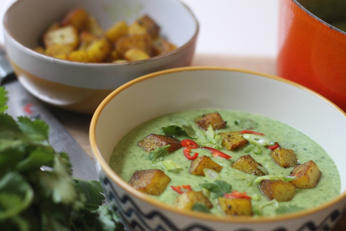 Parsnip, Coconut and Spinach Soup with Spiced&nbsp;Potatoes.