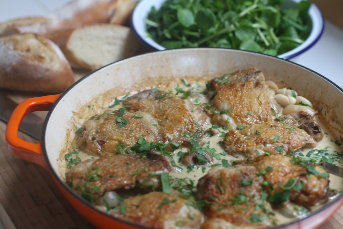 Chicken Thighs, Canellini Beans and a Creamy Dijon&nbsp;Sauce.