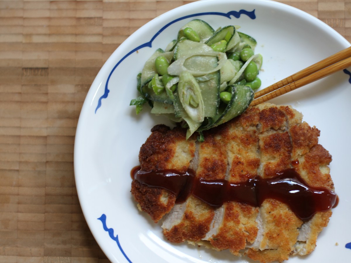 Panko Crusted Pork Fillet with Tonkatsu Sauce & Cucumber, Edamame and Sesame&nbsp;Salad.