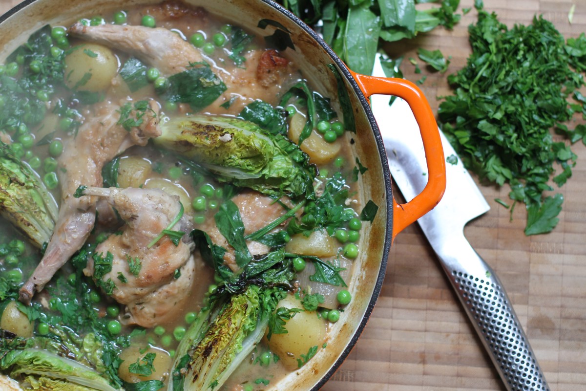 Braised Rabbit With Potato, Wild Garlic Peas and Little Gem&nbsp;Lettuce.